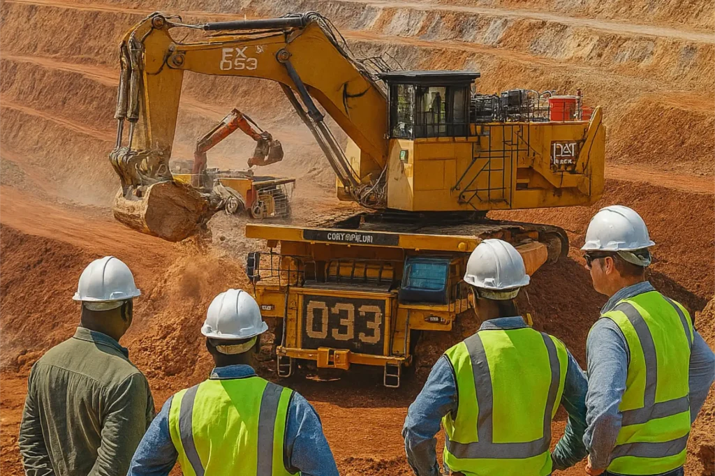 Mining engineer in safety gear overlooking quarry operations in remote African location